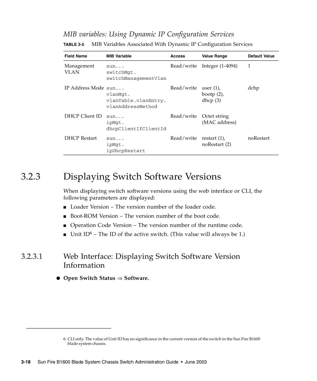 Sunfire B1600 manual Displaying Switch Software Versions, MIB variables Using Dynamic IP Configuration Services 