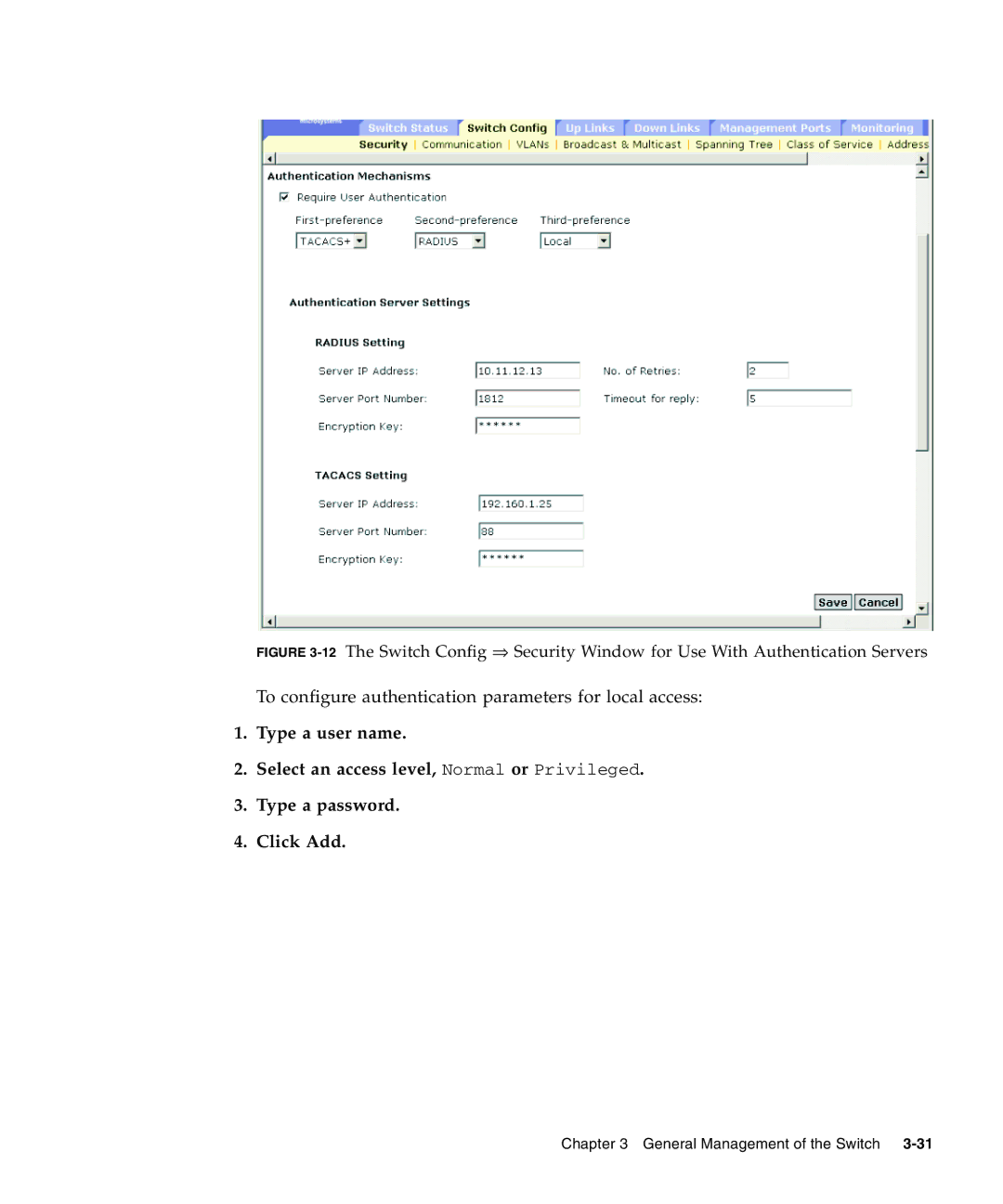 Sunfire B1600 manual To configure authentication parameters for local access 