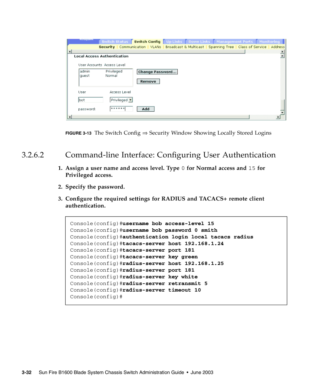 Sunfire B1600 manual Command-line Interface Configuring User Authentication 