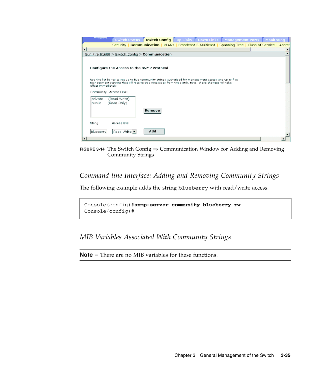 Sunfire B1600 manual MIB Variables Associated With Community Strings, Consoleconfig#snmp-server community blueberry rw 