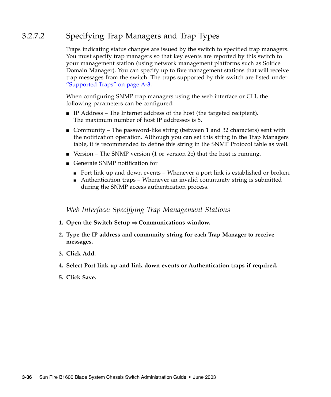 Sunfire B1600 manual Specifying Trap Managers and Trap Types, Web Interface Specifying Trap Management Stations 