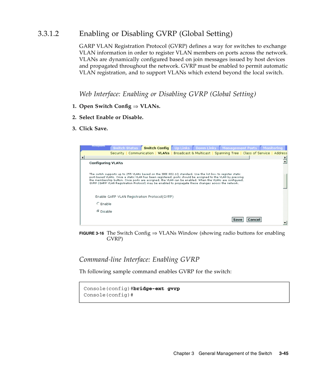 Sunfire B1600 manual Web Interface Enabling or Disabling Gvrp Global Setting, Command-line Interface Enabling Gvrp 