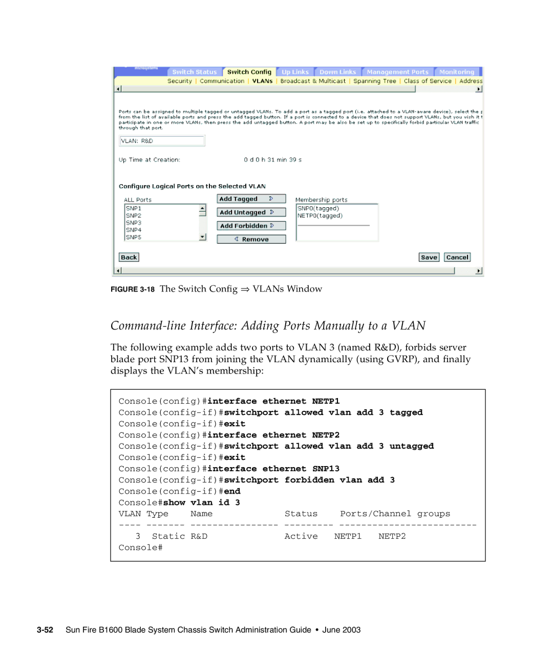 Sunfire B1600 manual Command-line Interface Adding Ports Manually to a Vlan, 18The Switch Config ⇒ VLANs Window 