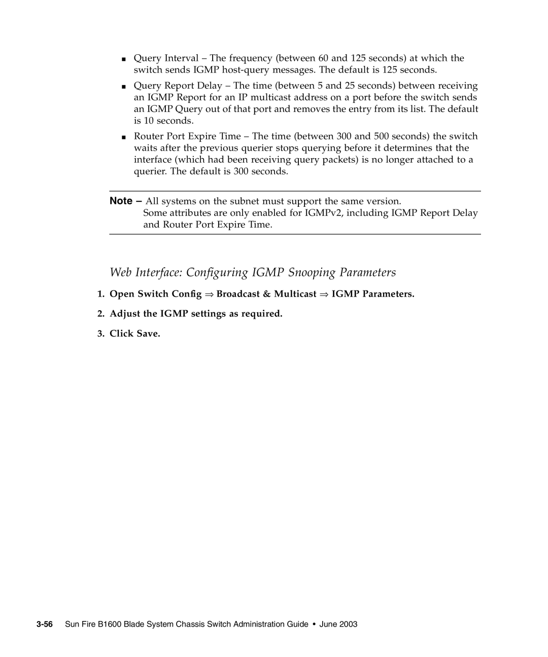 Sunfire B1600 manual Web Interface Configuring Igmp Snooping Parameters 