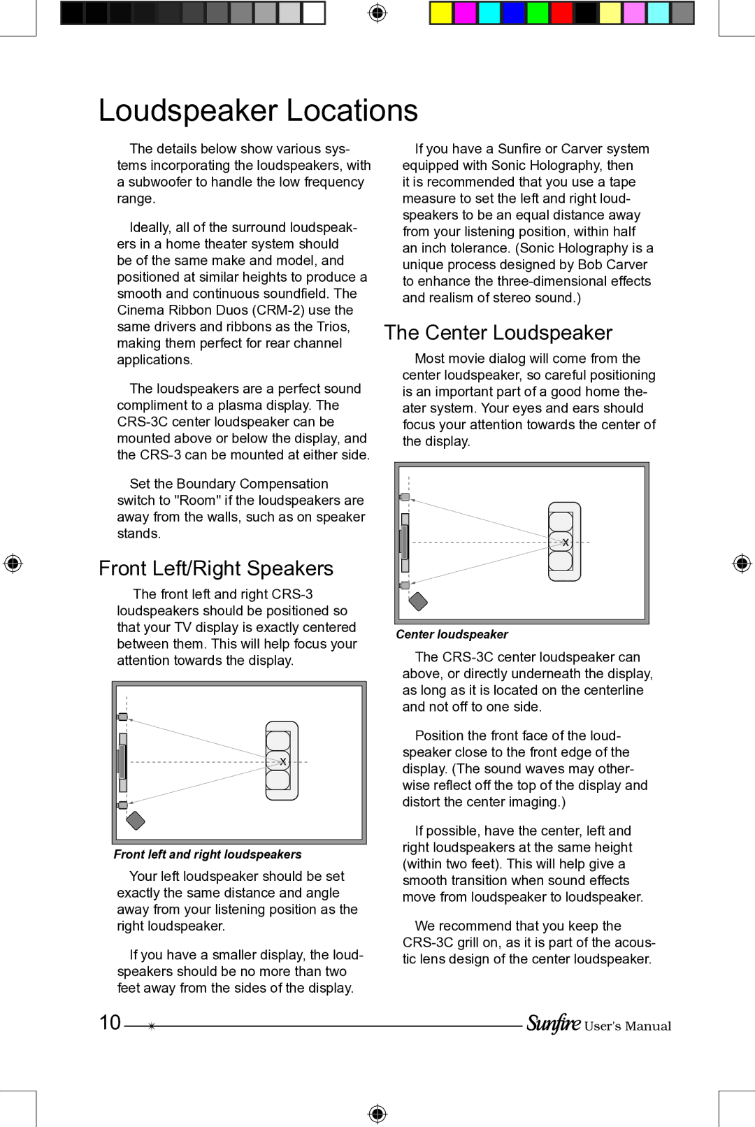 Sunfire CRS-3C manual Loudspeaker Locations, Front Left/Right Speakers, Center Loudspeaker 