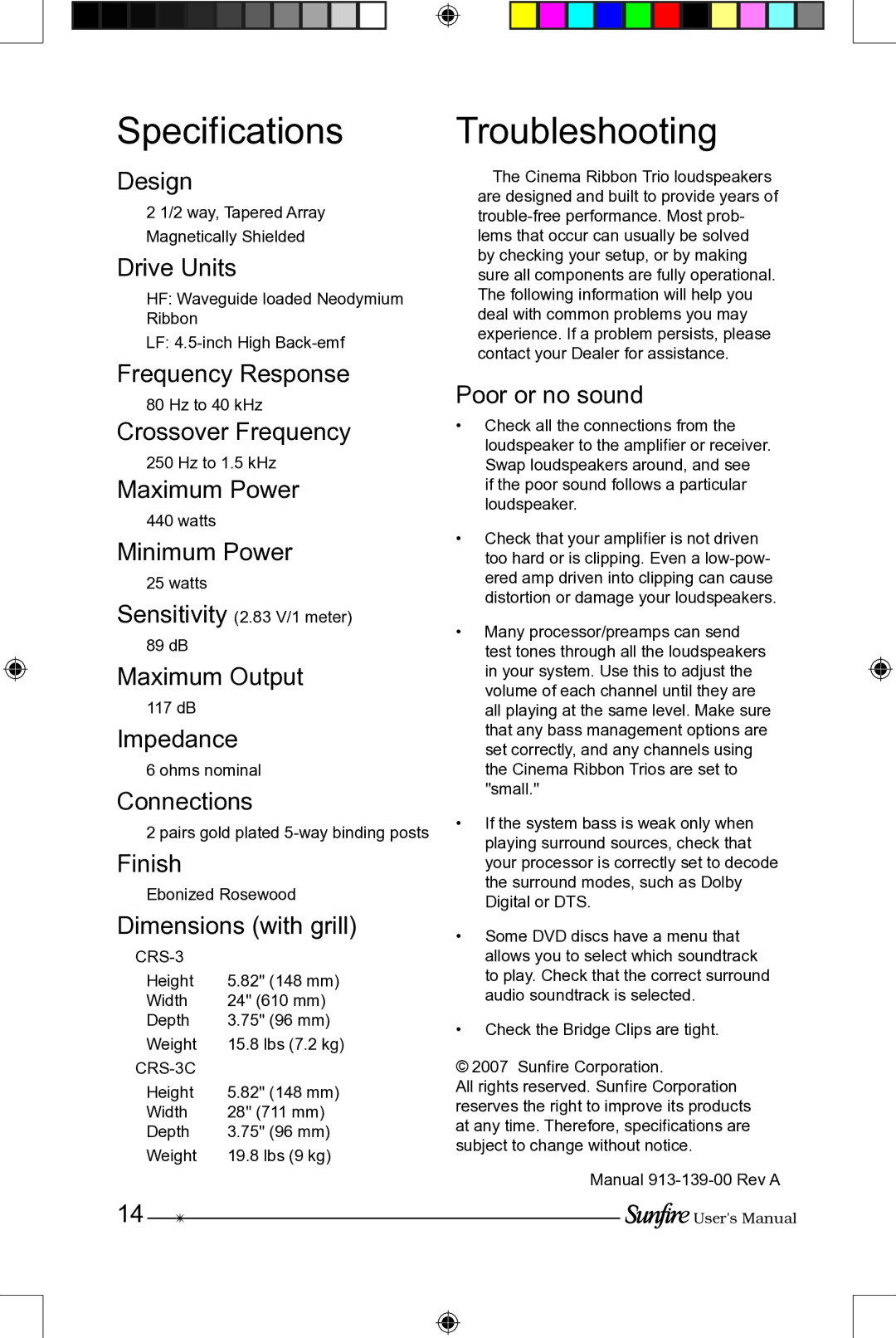 Sunfire CRS-3C manual Speciﬁcations, Troubleshooting 