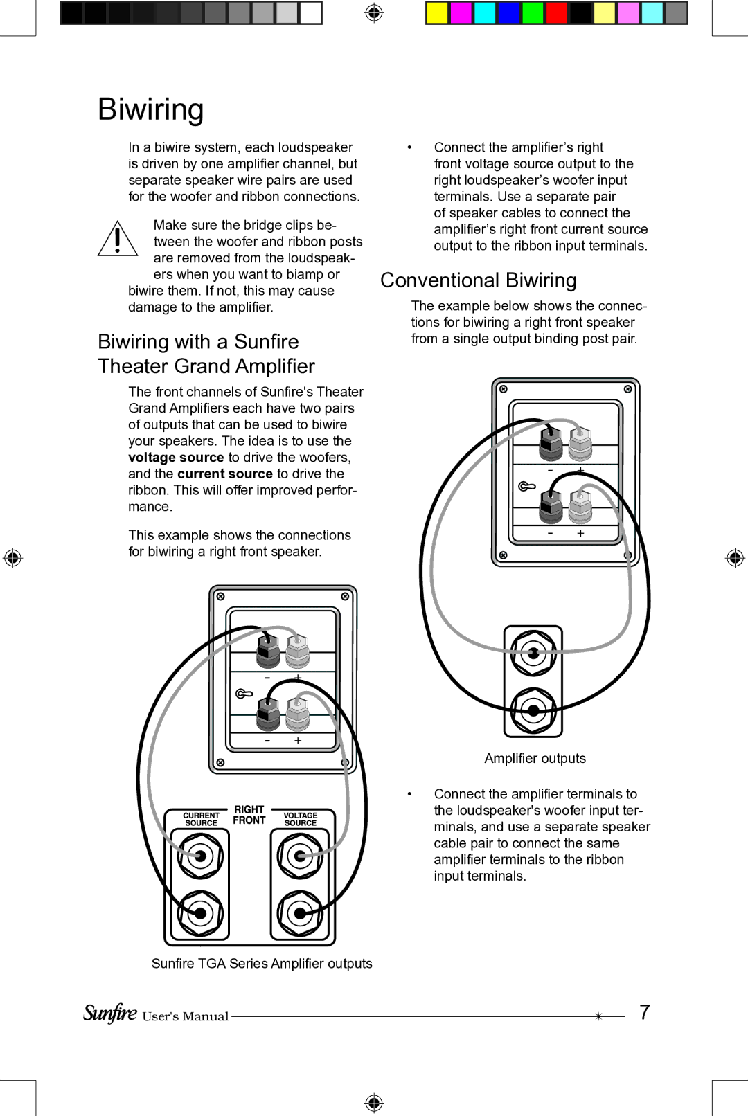 Sunfire CRS-3C manual Biwiring with a Sunﬁre Theater Grand Ampliﬁer, Conventional Biwiring 