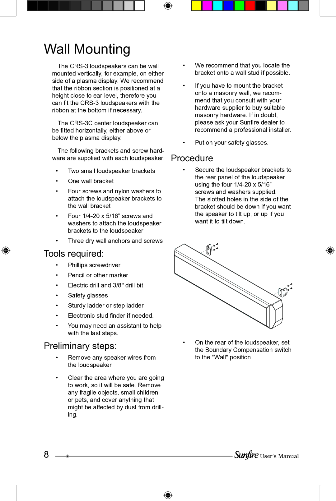 Sunfire CRS-3C manual Wall Mounting, Tools required, Preliminary steps, Procedure 