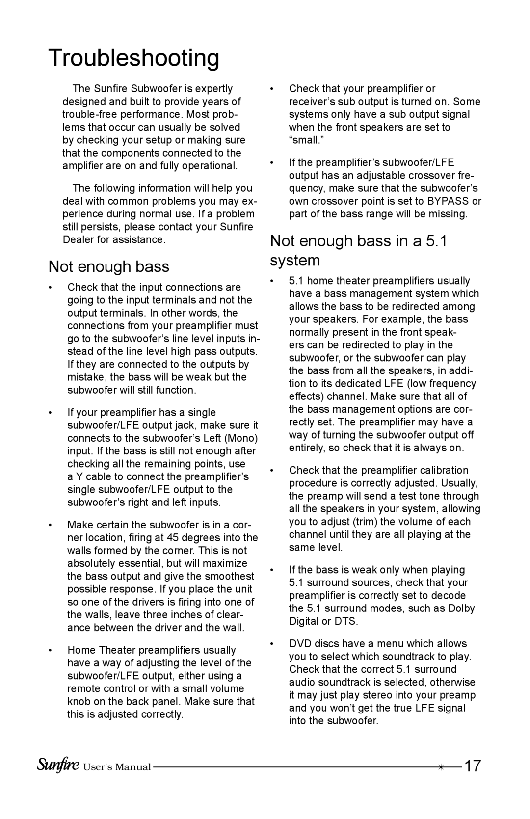 Sunfire Home Theater System manual Troubleshooting, Not enough bass in a 5.1 system 