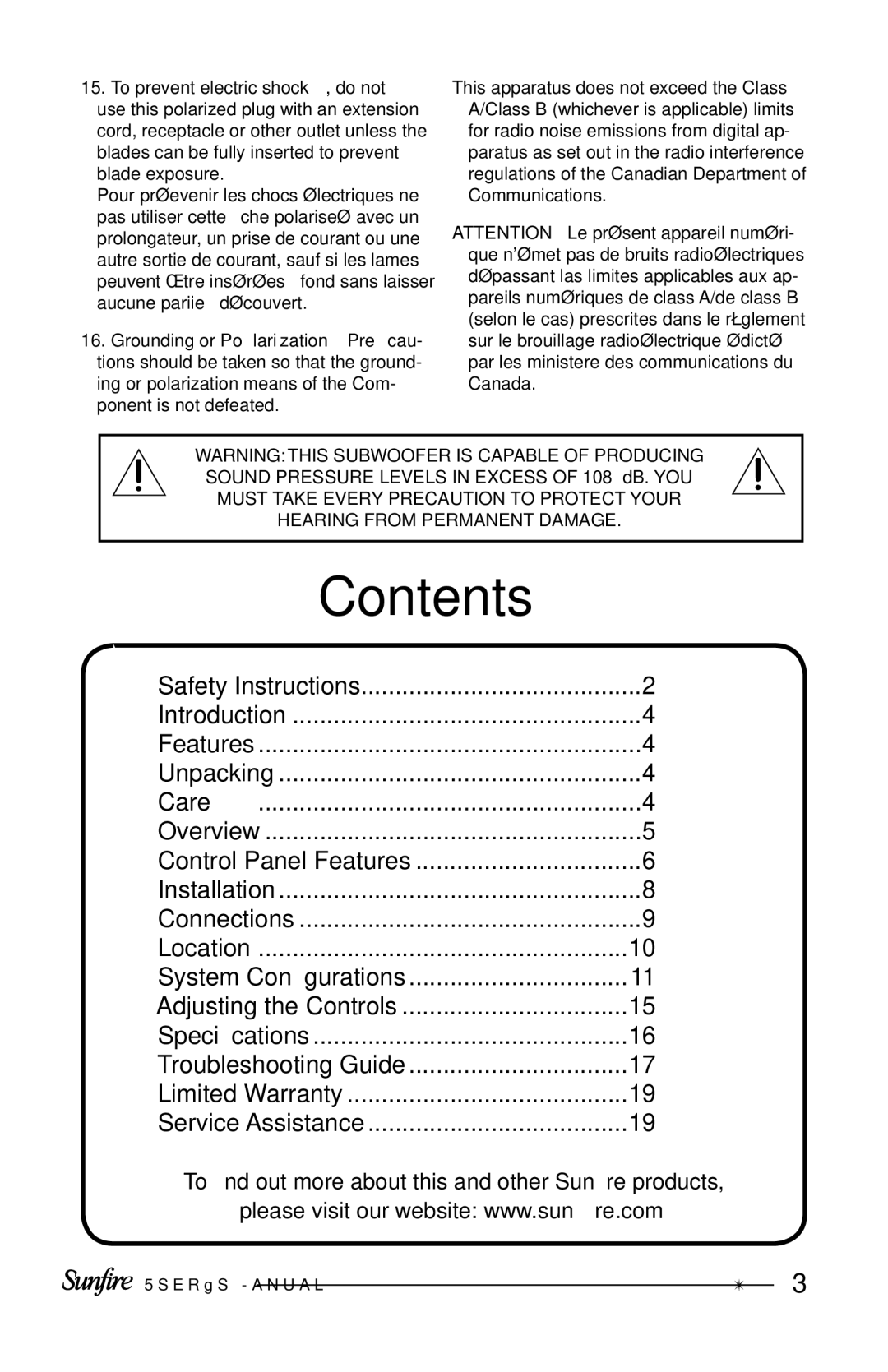 Sunfire Home Theater System manual Contents 