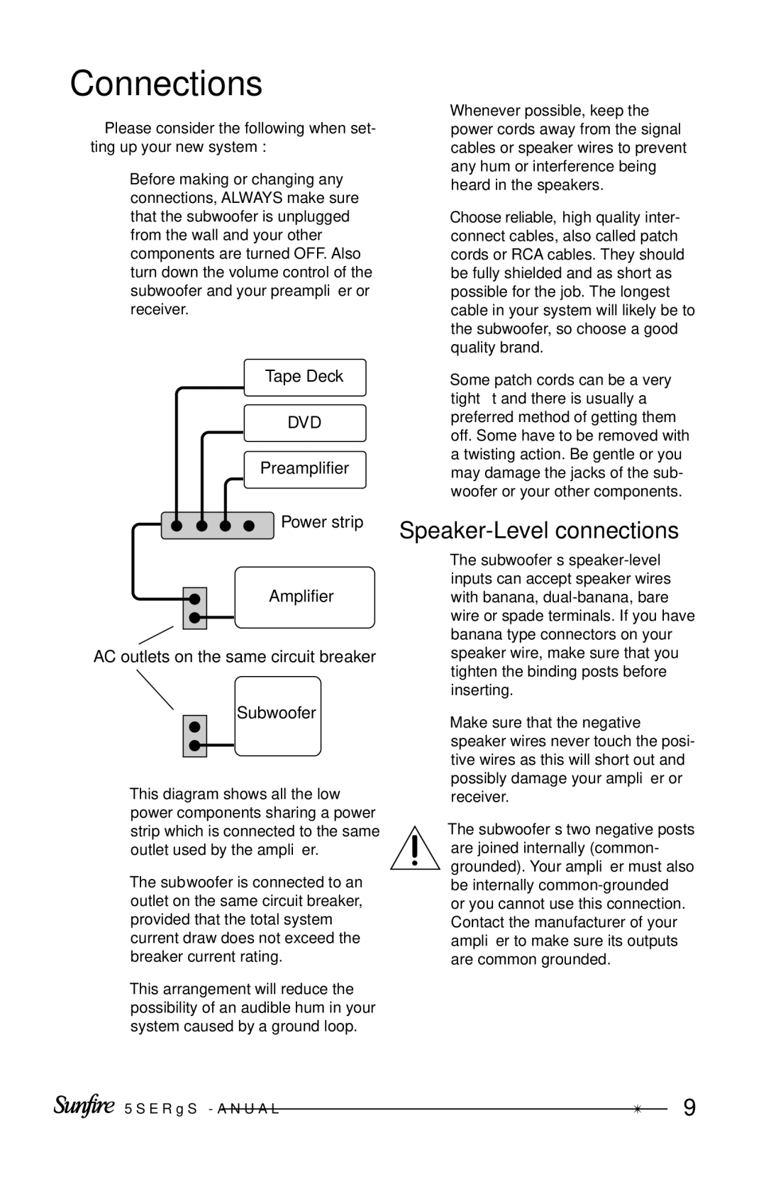 Sunfire Home Theater System manual Connections, Speaker-Level connections 