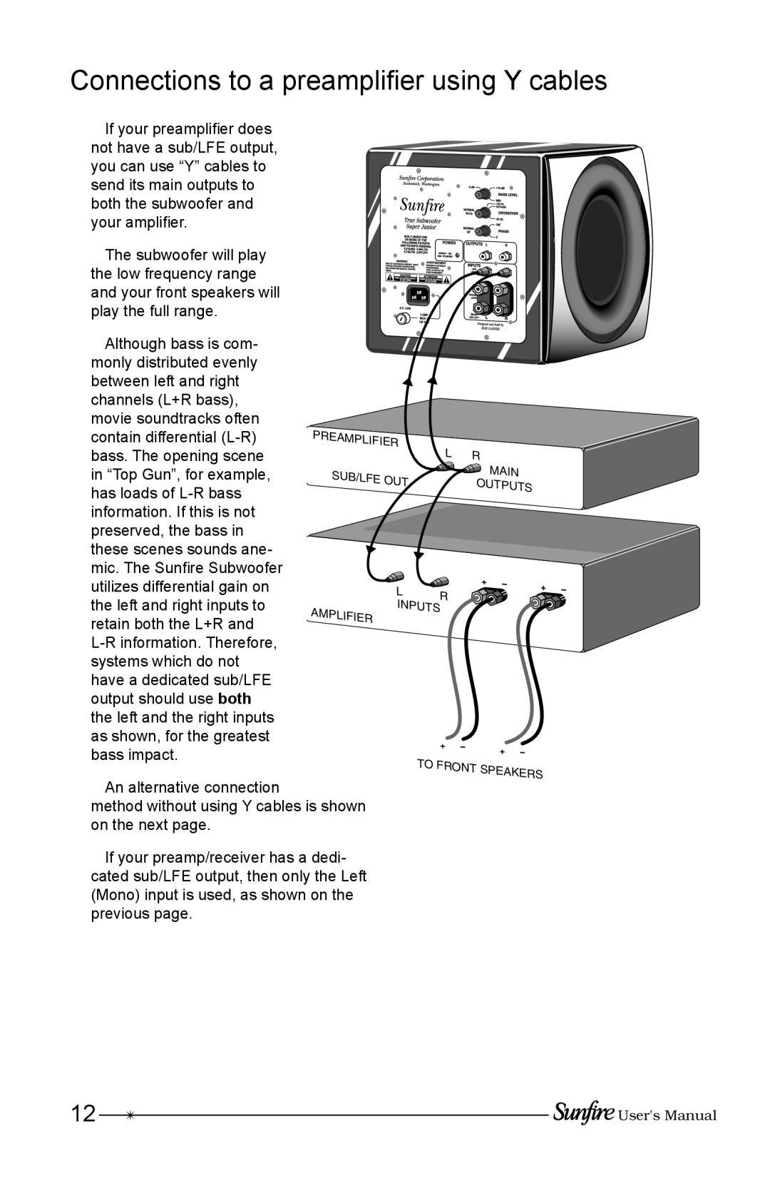 Sunfire Home Theater System manual Connections to a preampliﬁer using Y cables 