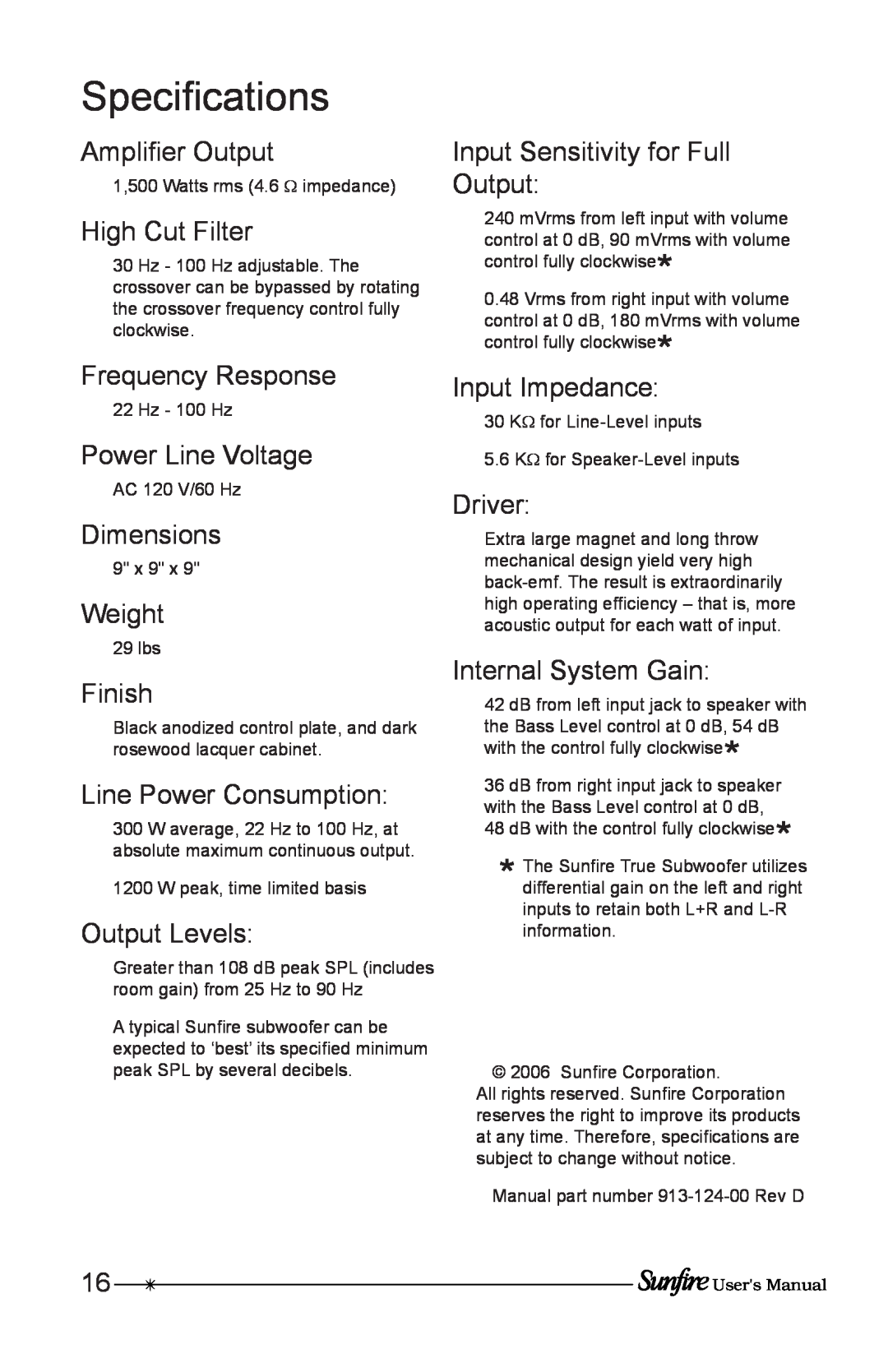 Sunfire Home Theater System manual Speciﬁcations 