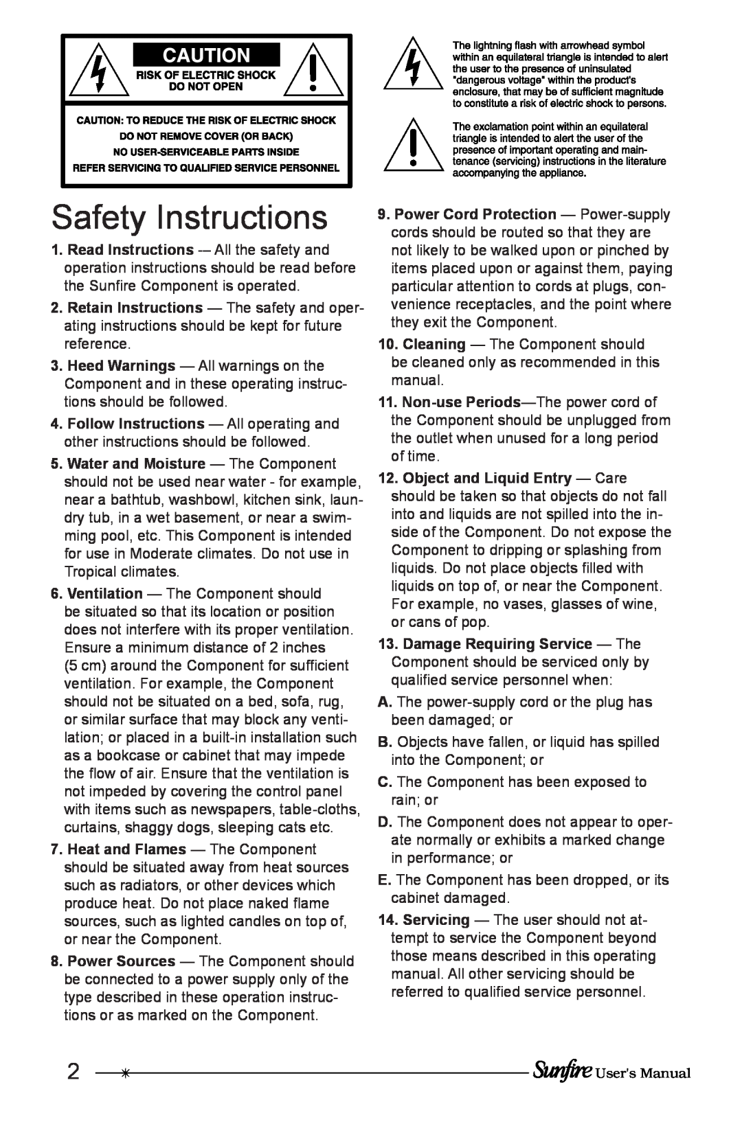 Sunfire Home Theater System manual Safety Instructions 