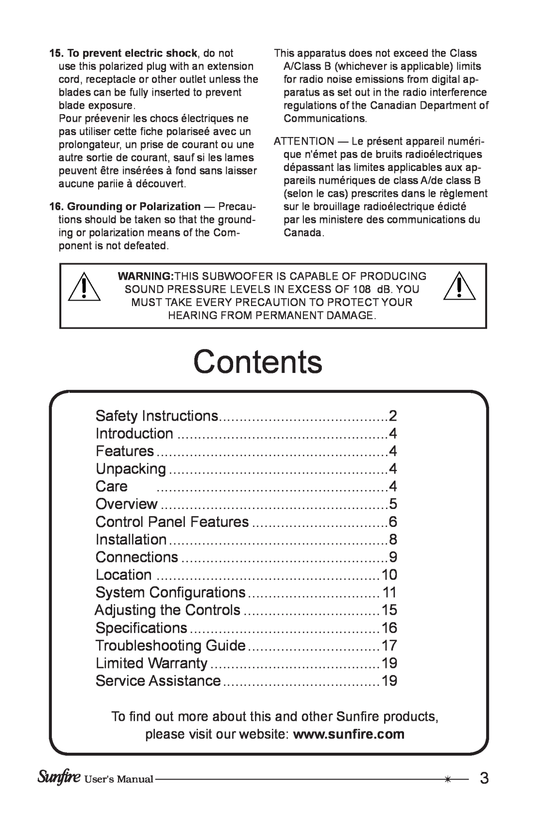 Sunfire Home Theater System manual Contents 