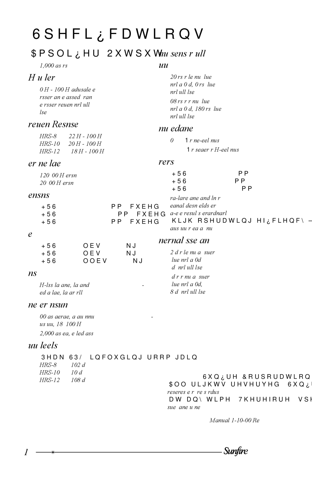 Sunfire HRS-10, HRS-8, HRS-12 user manual Specifications 