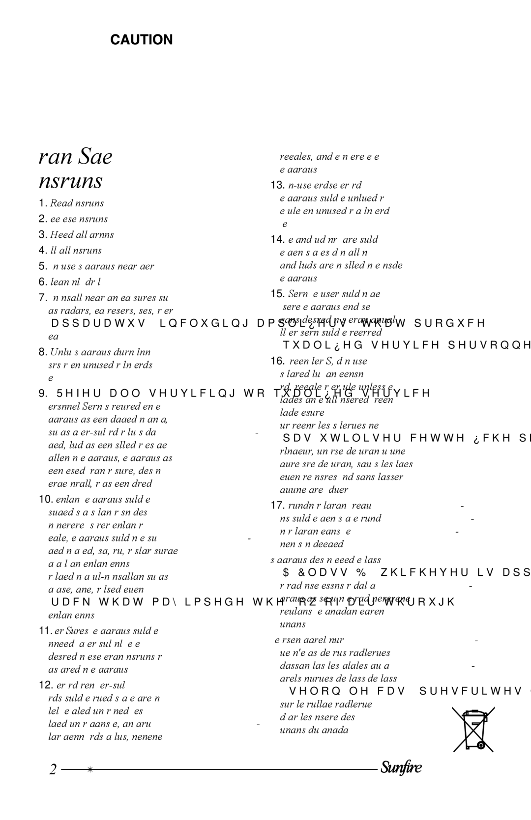 Sunfire HRS-12, HRS-8, HRS-10 user manual Important Safety Instructions 