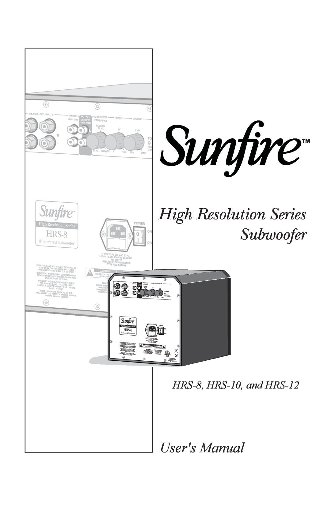 Sunfire user manual Subwoofer, High Resolution Series, HRS-8, HRS-10, and HRS-12 