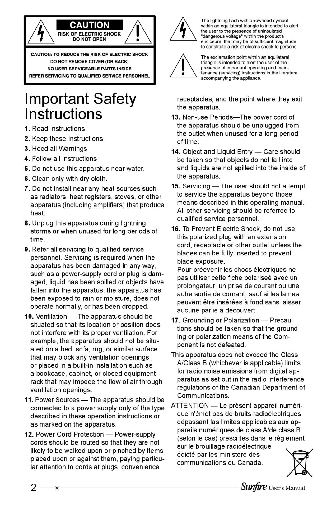 Sunfire HRS-12, HRS-8, HRS-10 user manual Important Safety Instructions 
