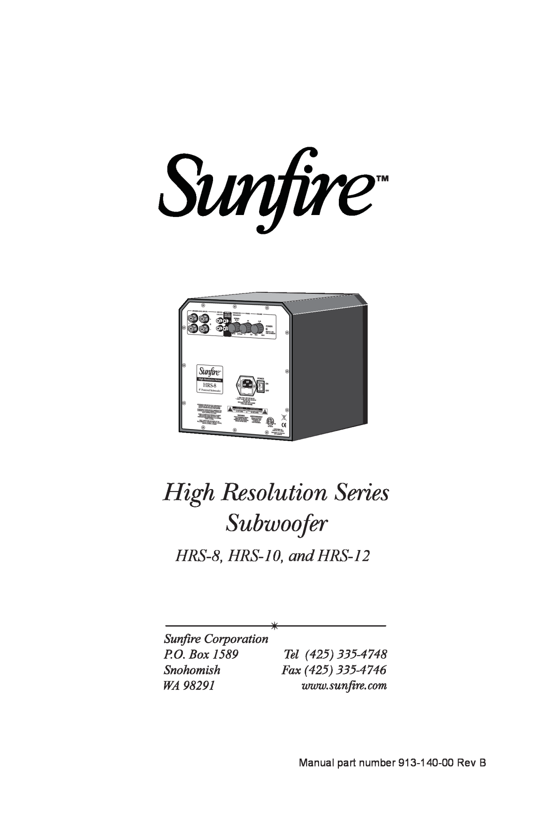Sunfire user manual High Resolution Series Subwoofer, HRS-8, HRS-10, and HRS-12 