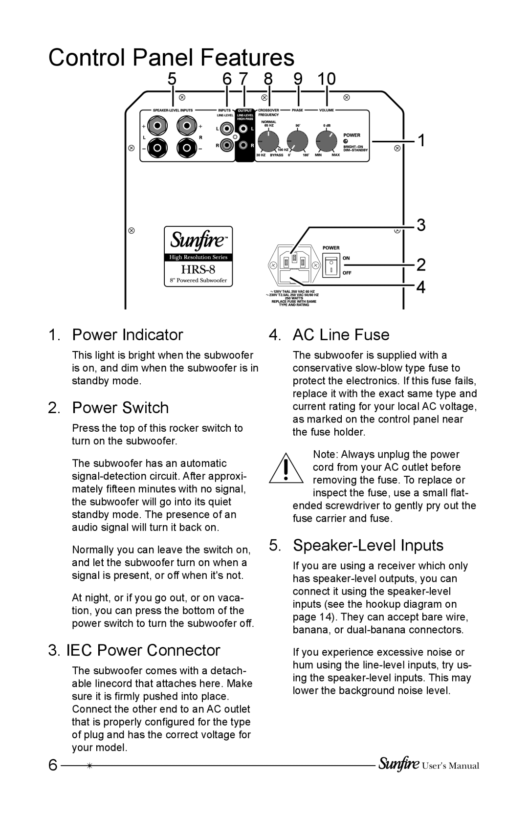Sunfire HRS-8, HRS-10 Control Panel Features, 5 6 7 8 9, Power Indicator, Power Switch, AC Line Fuse, IEC Power Connector 