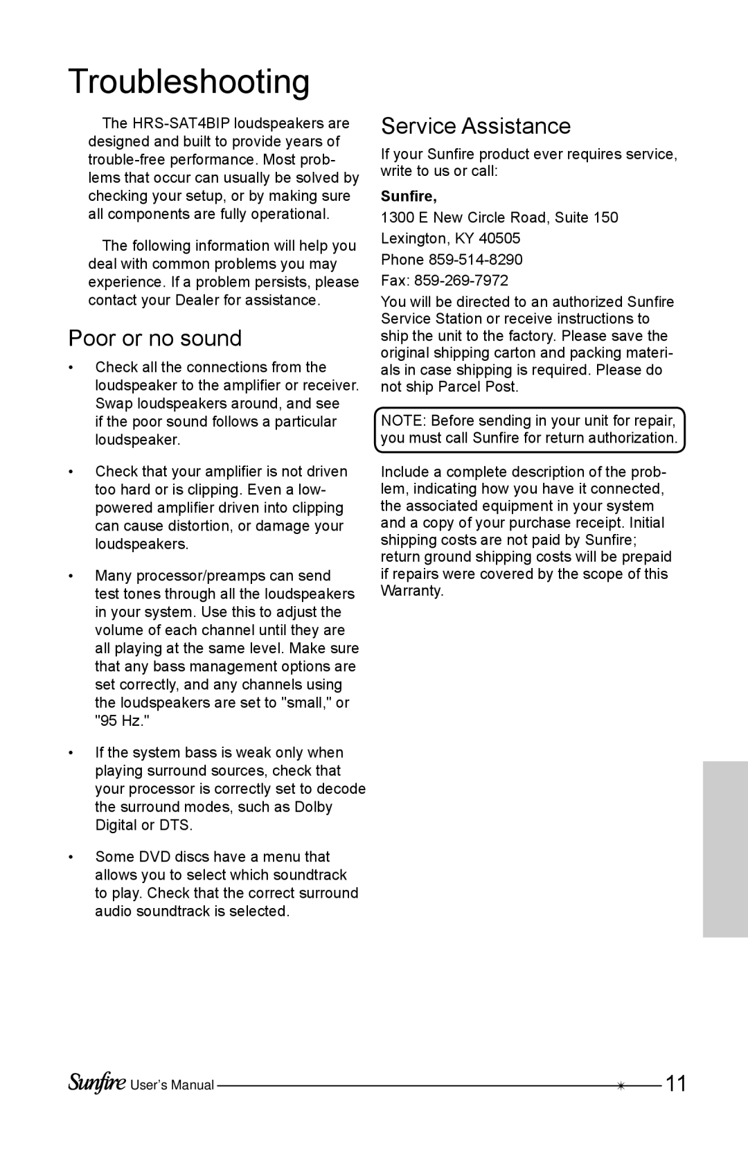 Sunfire HRS-SAT4BIP user manual Troubleshooting, Poor or no sound, Service Assistance 