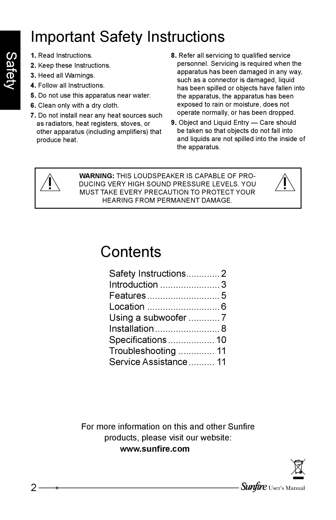 Sunfire HRS-SAT4BIP user manual Important Safety Instructions, Contents 