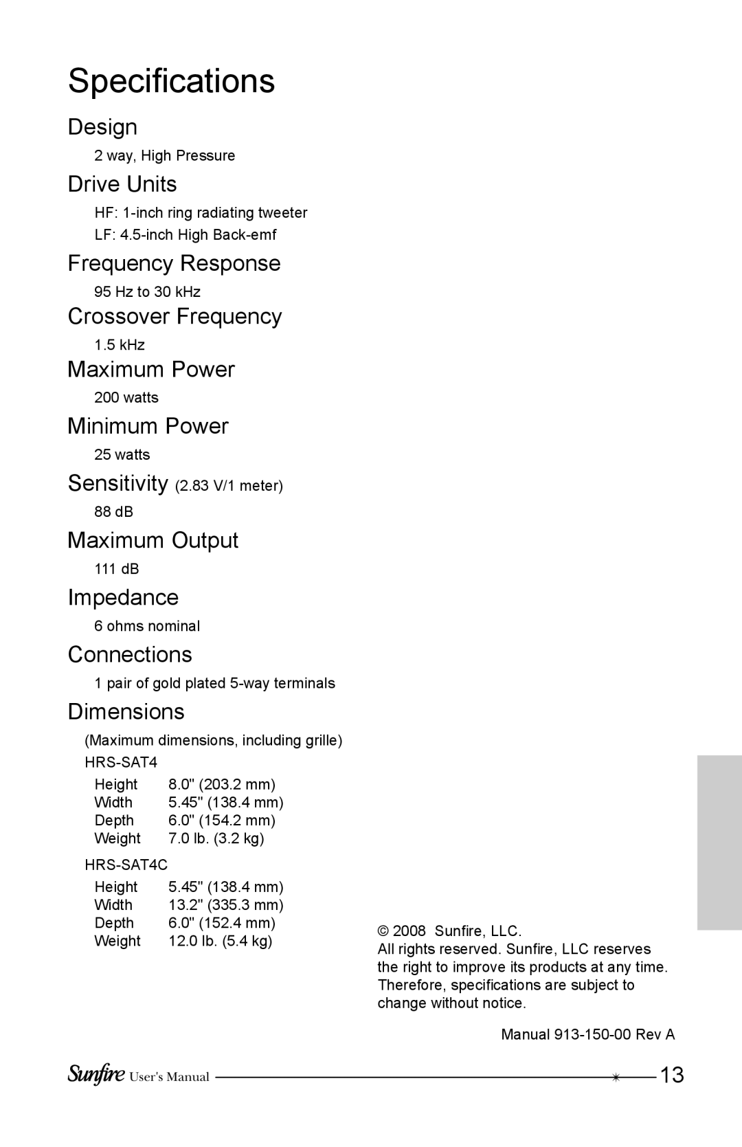 Sunfire HRS-SAT4C user manual Specifications 