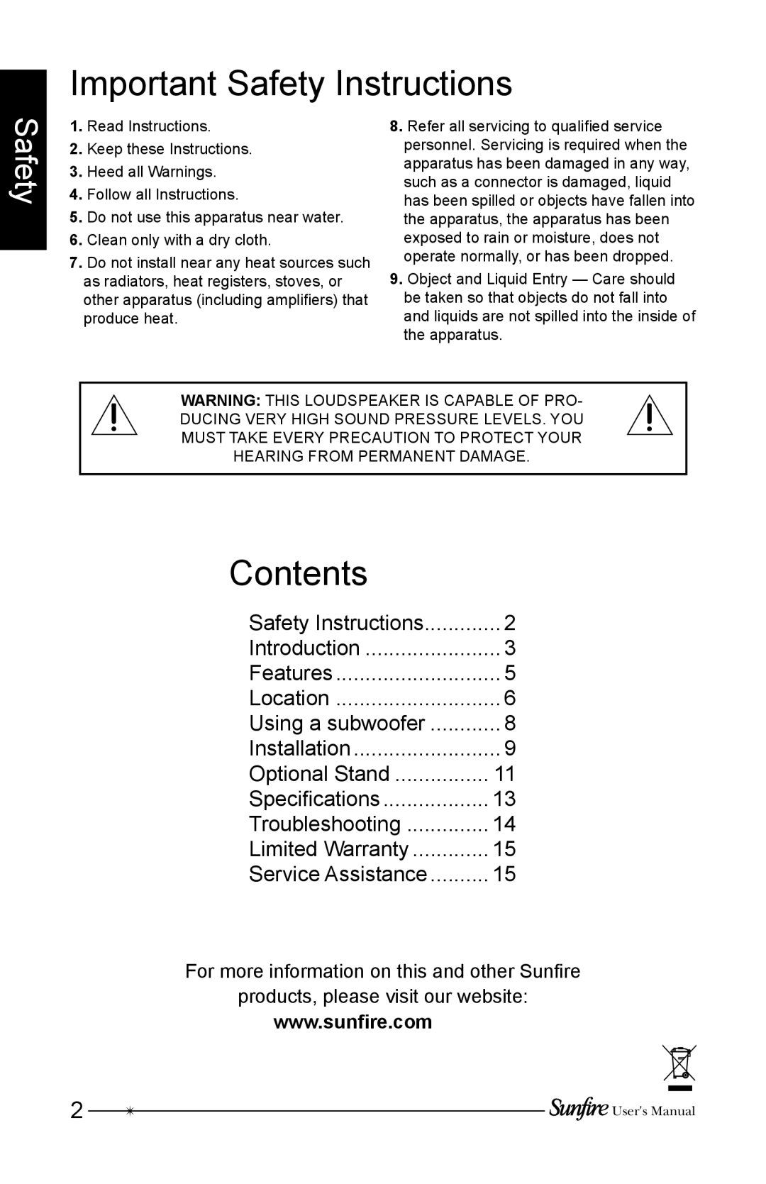 Sunfire HRS-SAT4C user manual Important Safety Instructions, Contents 