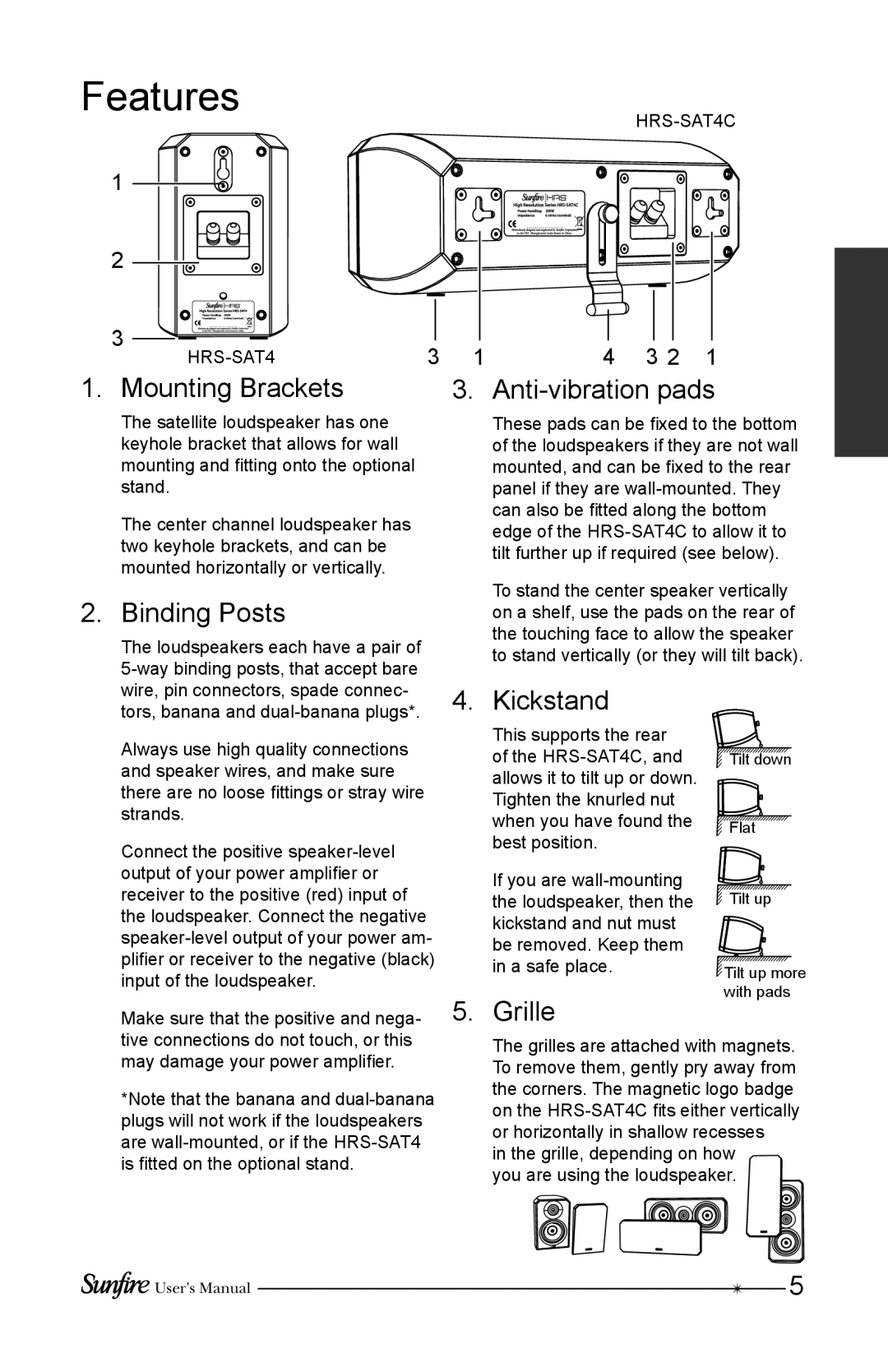 Sunfire HRS-SAT4C user manual Features, Mounting Brackets Anti-vibration pads, Binding Posts, Kickstand, Grille 