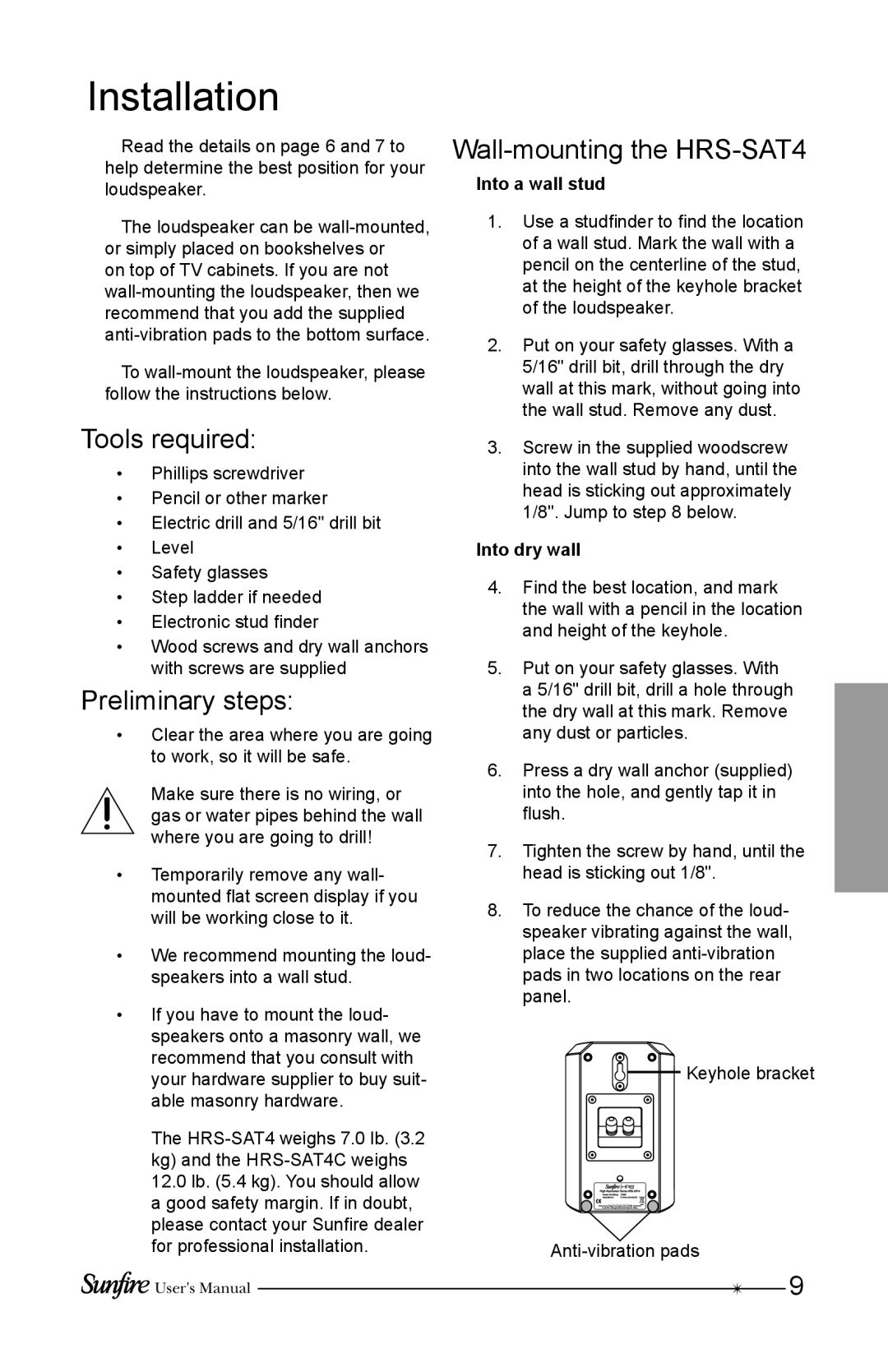 Sunfire HRS-SAT4C user manual Installation, Tools required, Preliminary steps, Wall-mounting the HRS-SAT4 