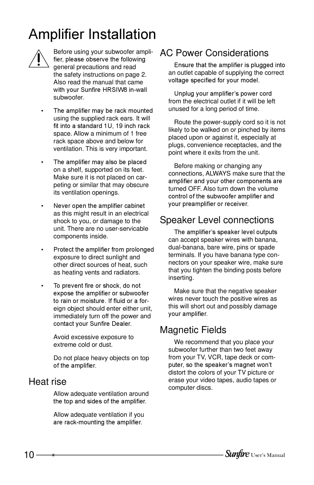 Sunfire HRSIW8 Amplifier Installation, Heat rise, AC Power Considerations, Speaker Level connections, Magnetic Fields 