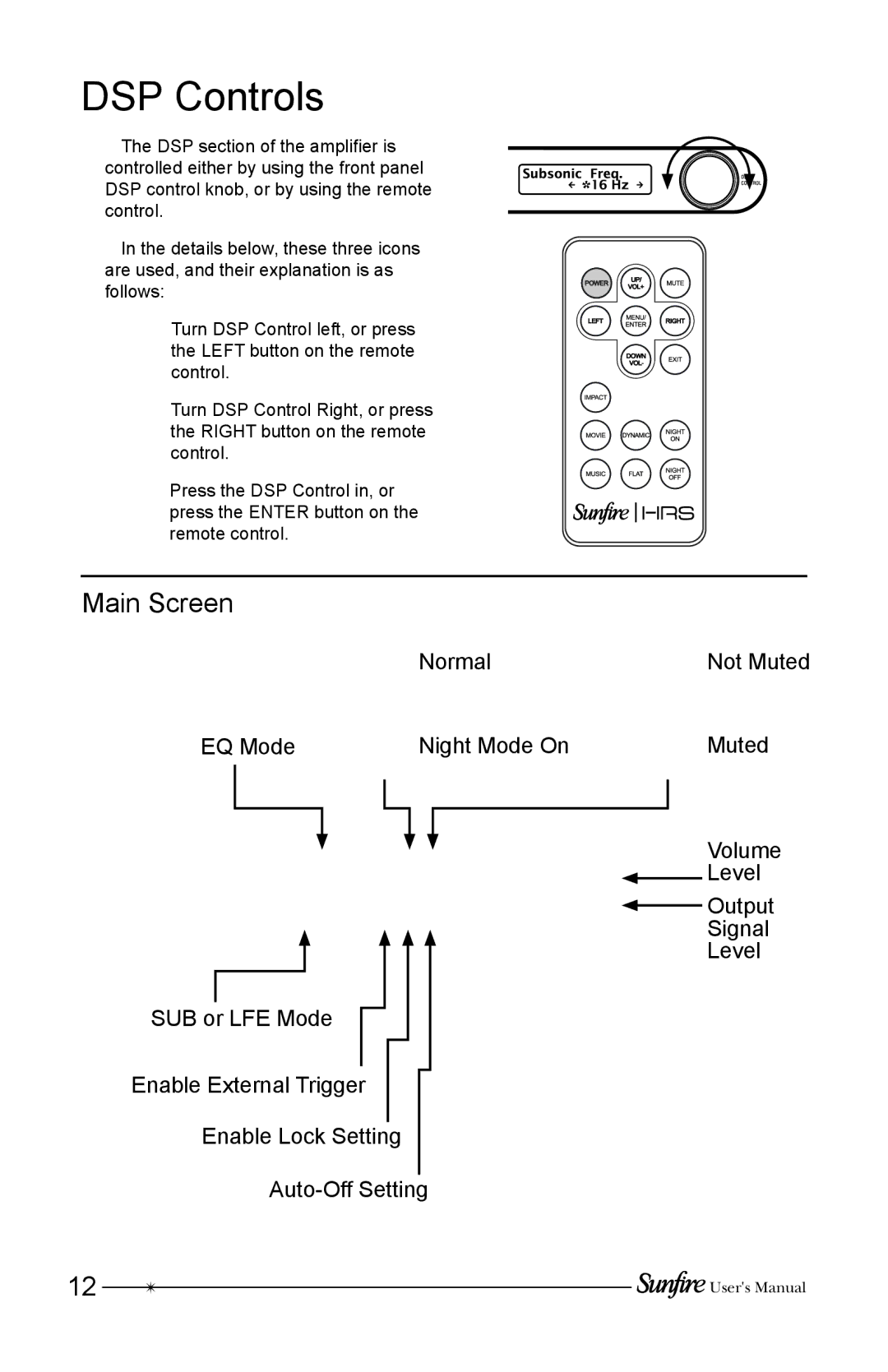 Sunfire HRSIW8 user manual DSP Controls, Main Screen 