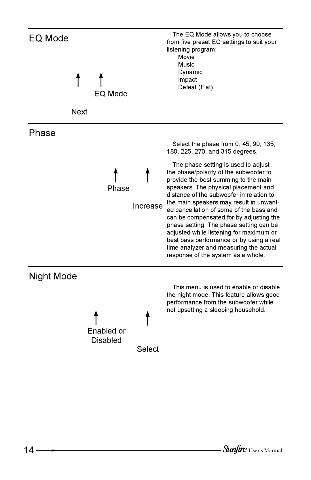 Sunfire HRSIW8 user manual EQ Mode, Phase, Night Mode 