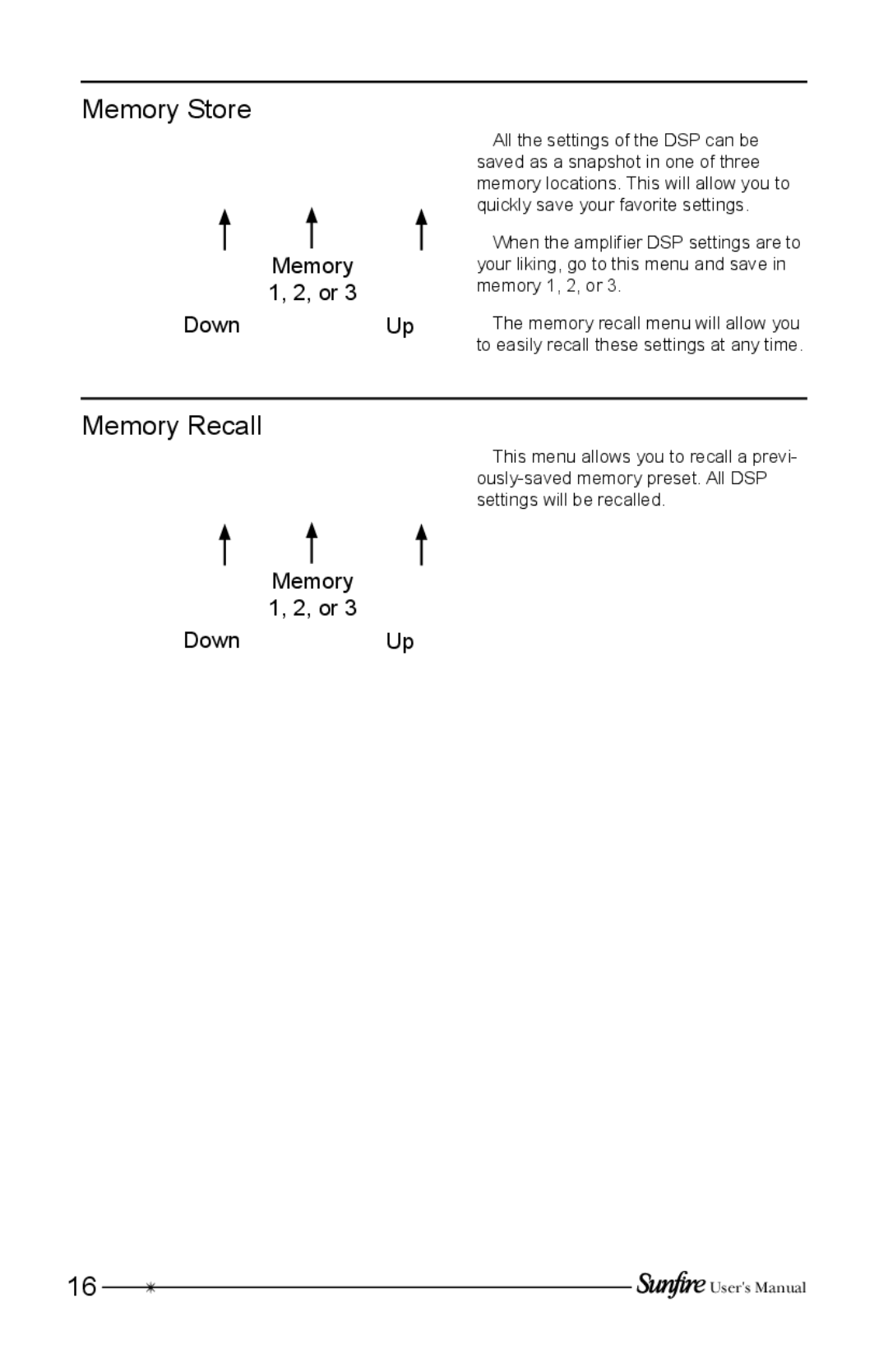 Sunfire HRSIW8 user manual Memory Store, Memory Recall, Memory 1, 2, or DownUp 