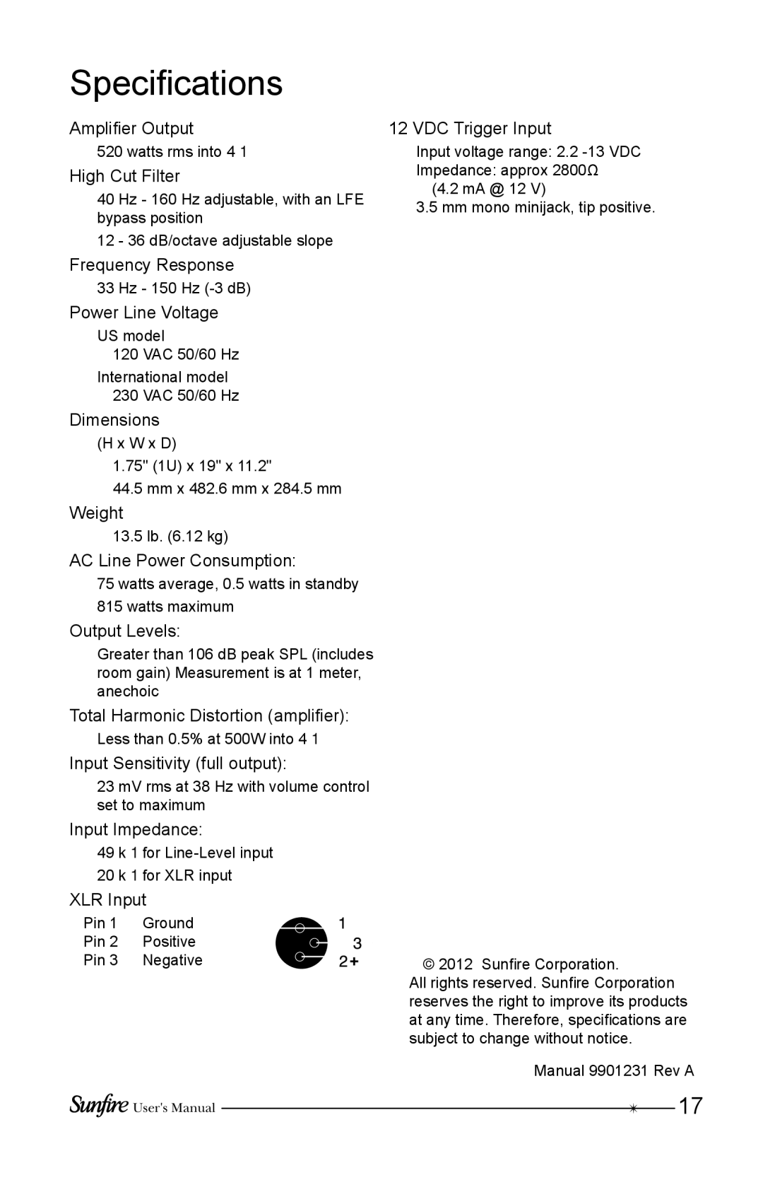 Sunfire HRSIW8 user manual Specifications, VDC Trigger Input 