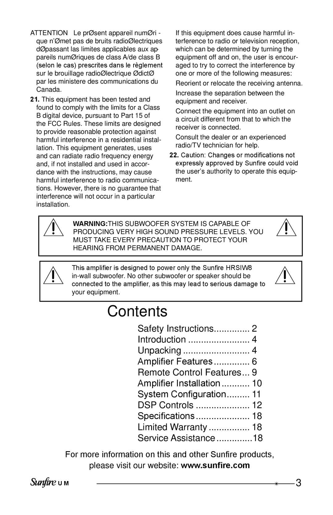 Sunfire HRSIW8 user manual Contents 