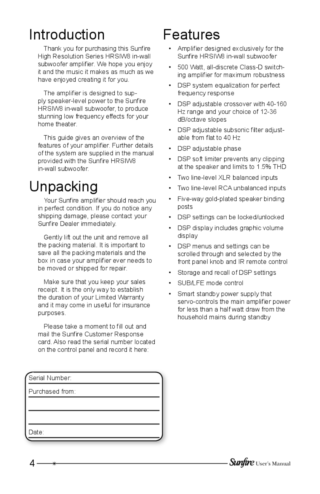 Sunfire HRSIW8 user manual Introduction Features, Unpacking 