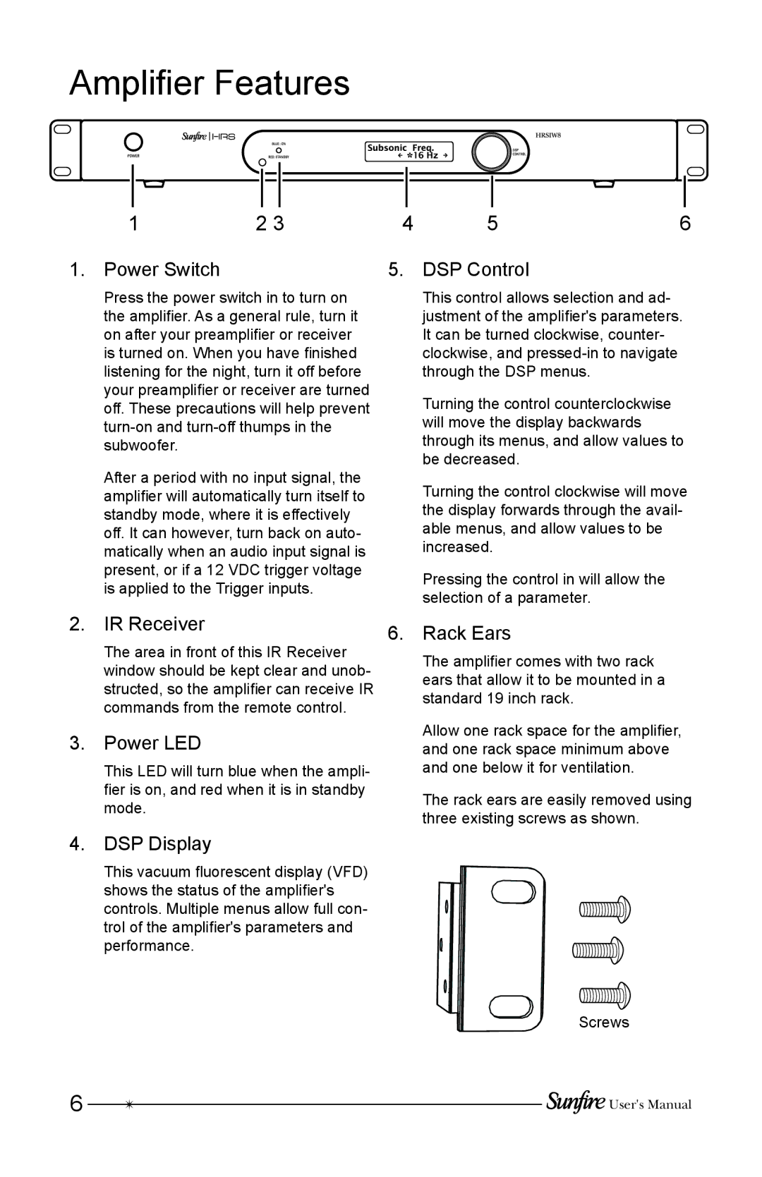 Sunfire HRSIW8 user manual Amplifier Features 