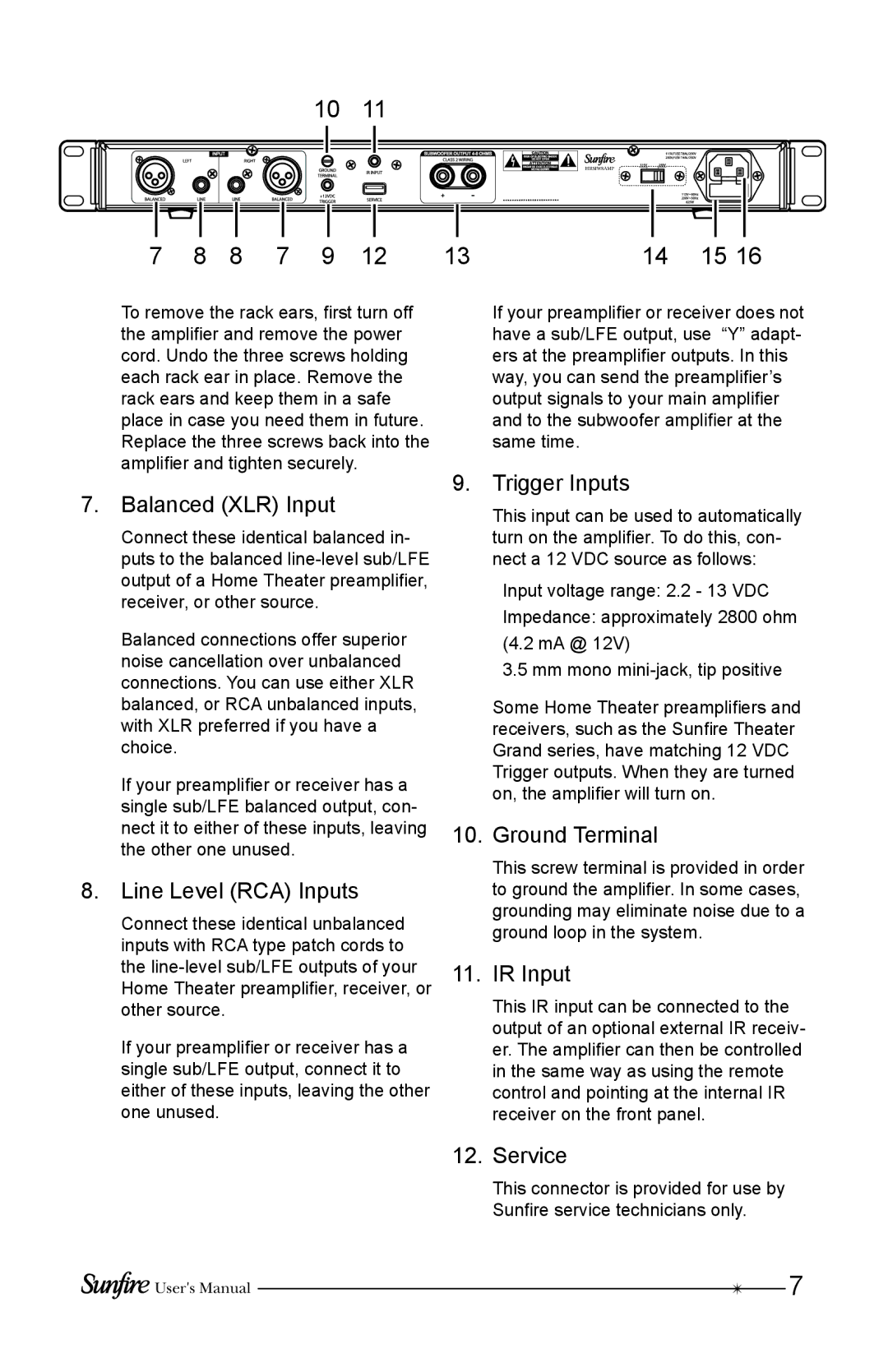 Sunfire HRSIW8 user manual Balanced XLR Input, Line Level RCA Inputs, Trigger Inputs, Ground Terminal, IR Input, Service 