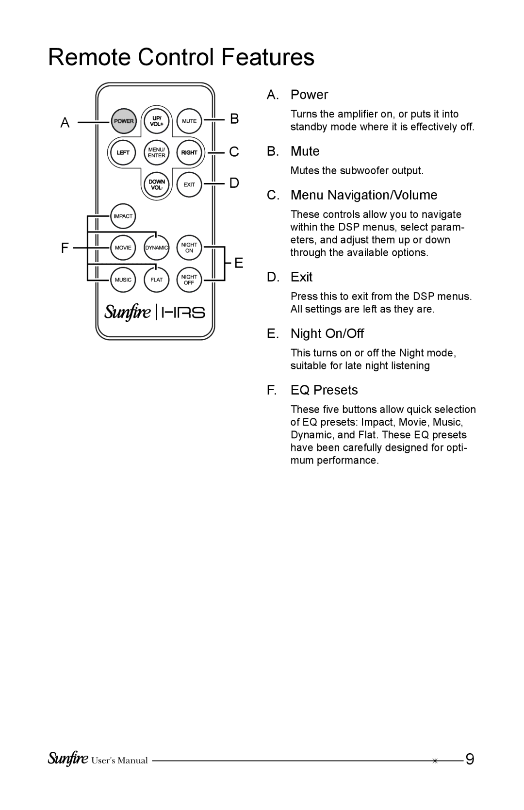 Sunfire HRSIW8 user manual Remote Control Features 