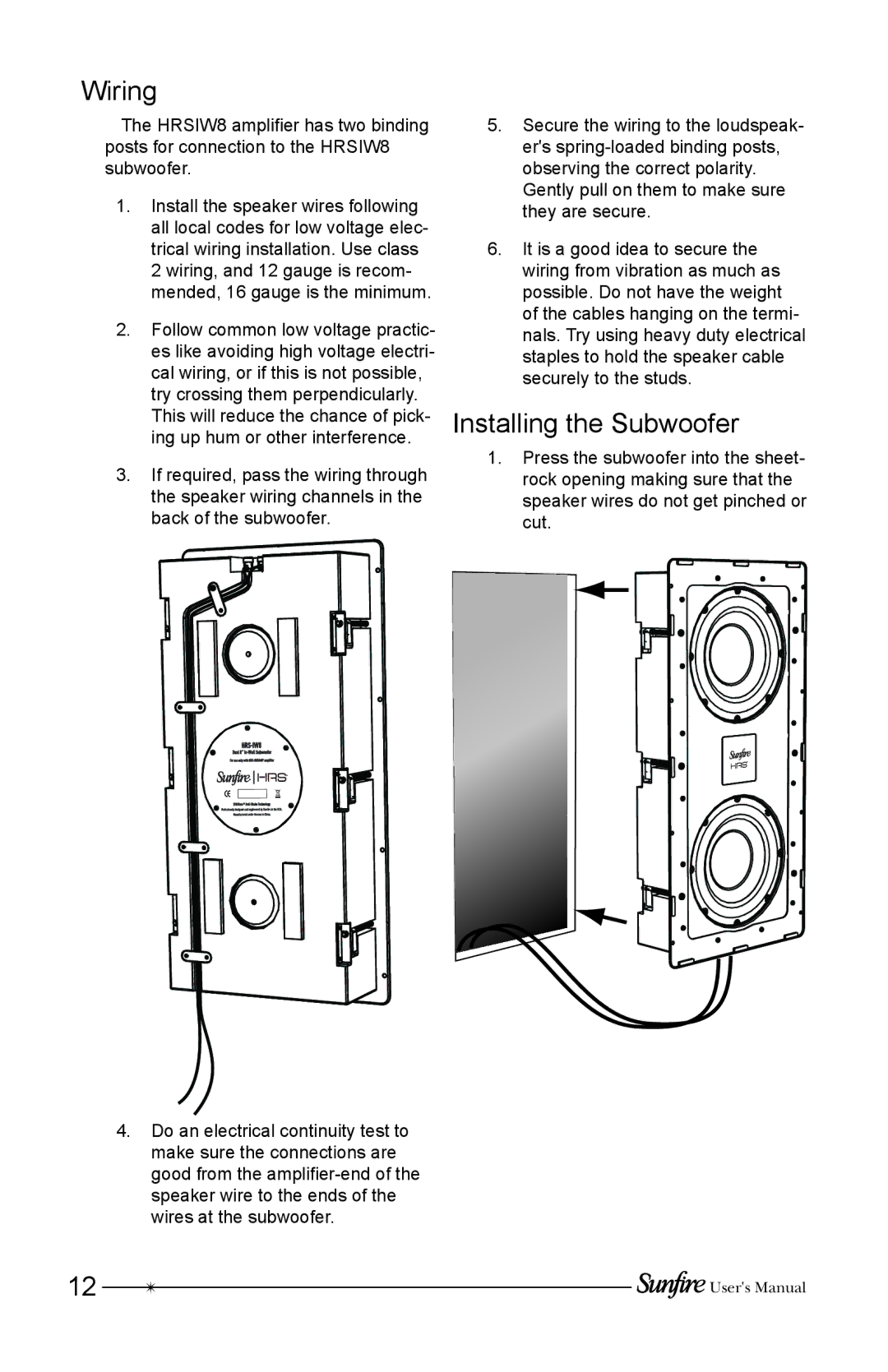 Sunfire HRSIW8 user manual Wiring, Installing the Subwoofer 