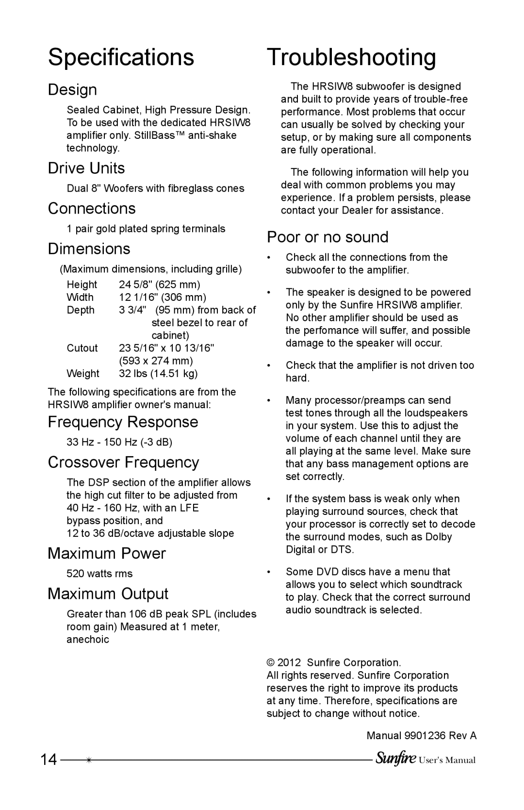 Sunfire HRSIW8 user manual Specifications, Troubleshooting 