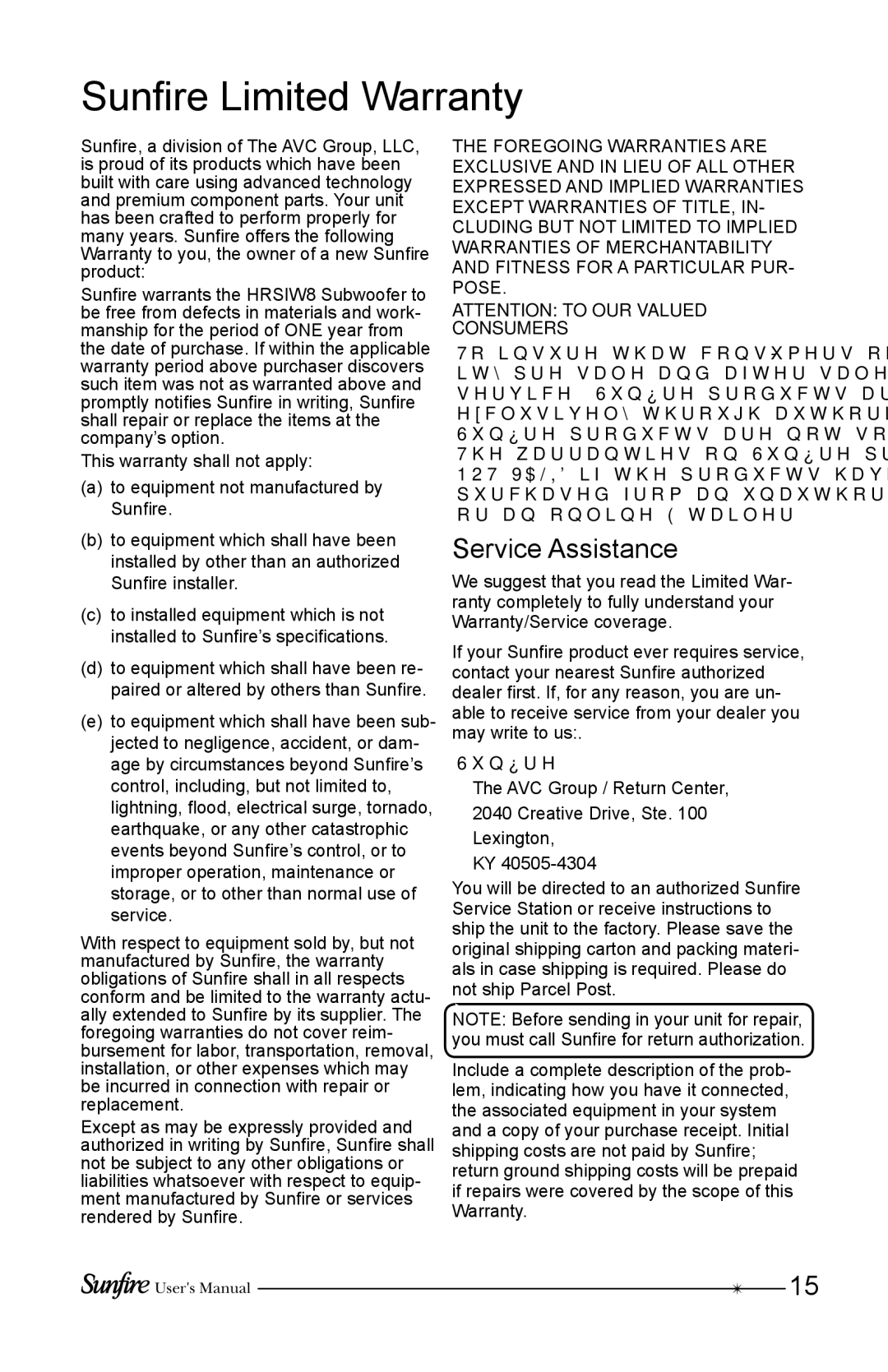 Sunfire HRSIW8 user manual Sunfire Limited Warranty, Service Assistance 