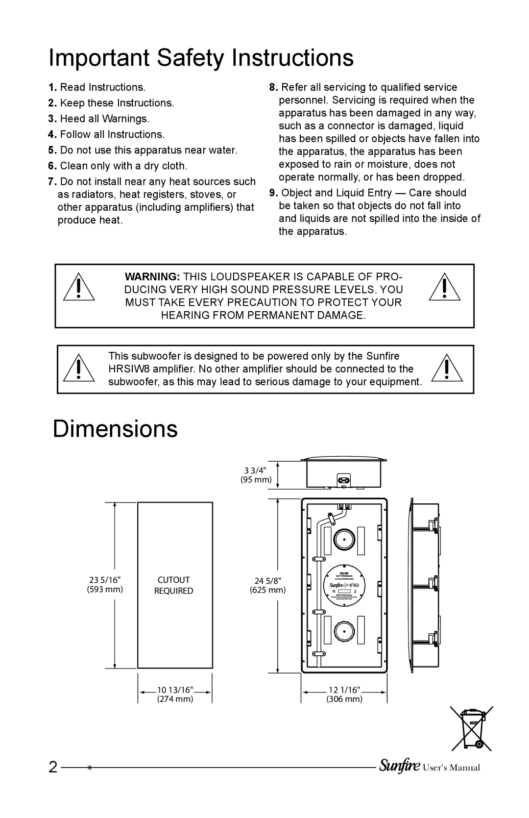 Sunfire HRSIW8 user manual Important Safety Instructions, Dimensions 