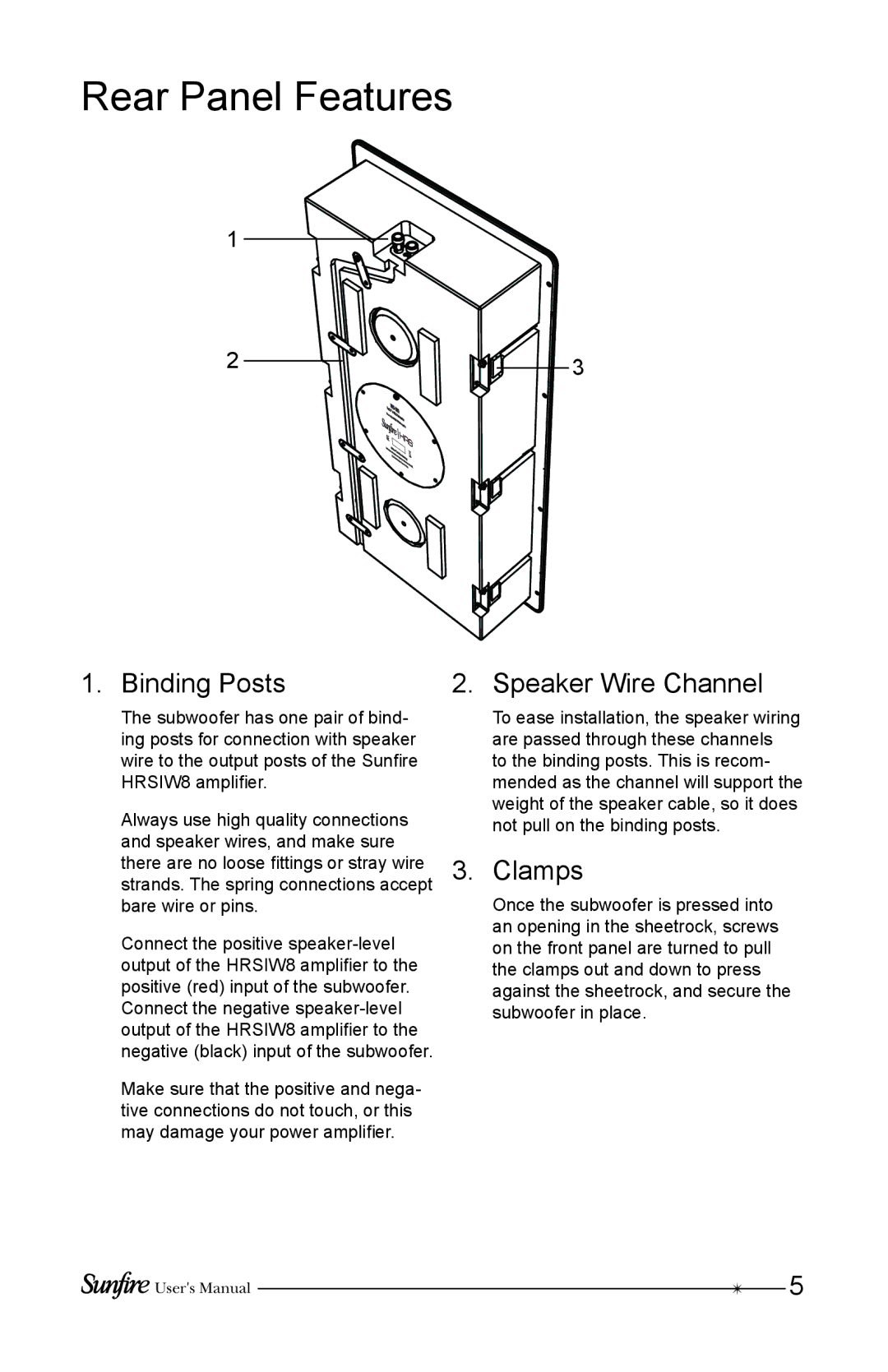 Sunfire HRSIW8 user manual Rear Panel Features, Binding Posts Speaker Wire Channel, Clamps 