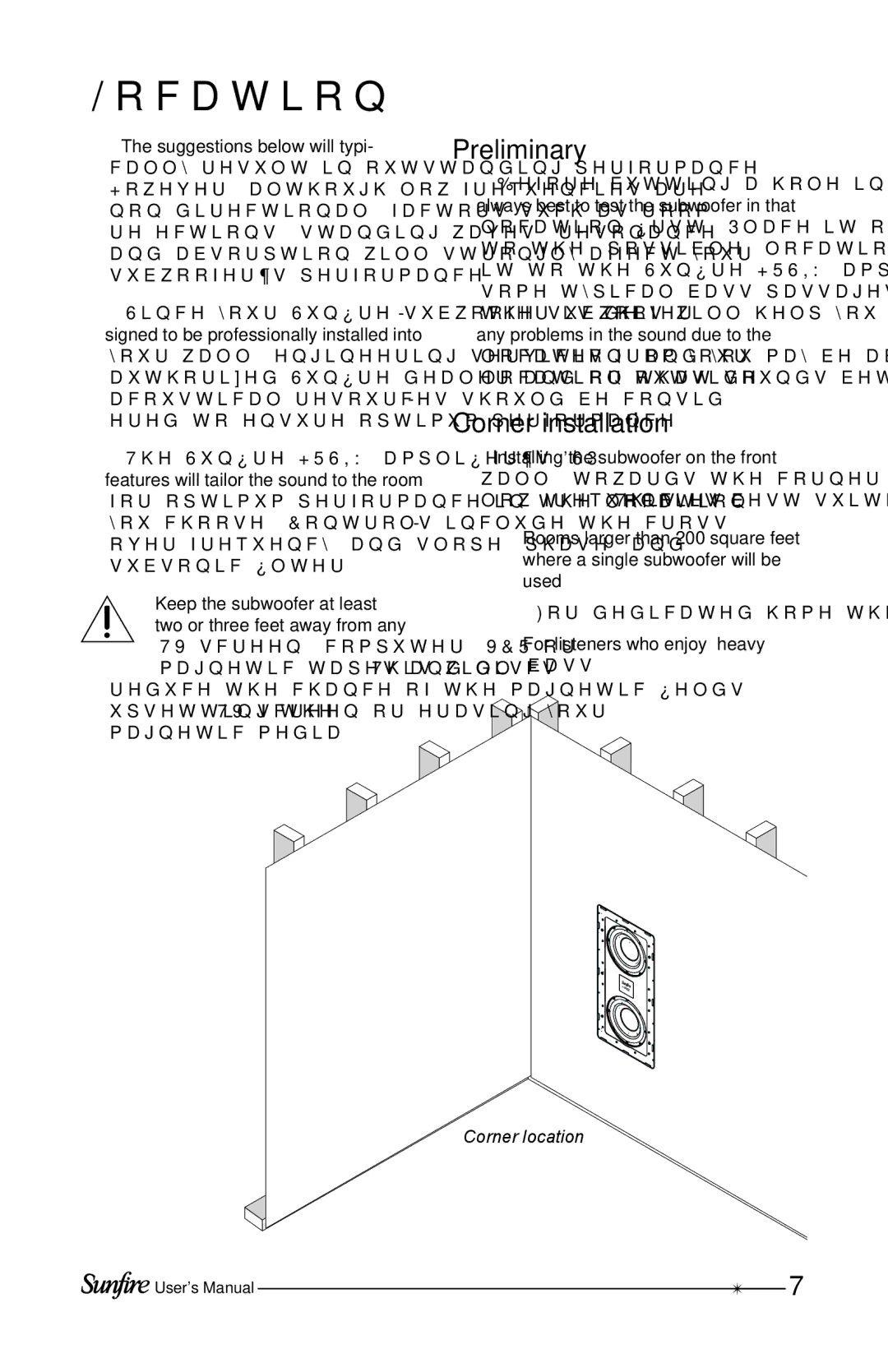 Sunfire HRSIW8 user manual Location, Preliminary, Corner installation 