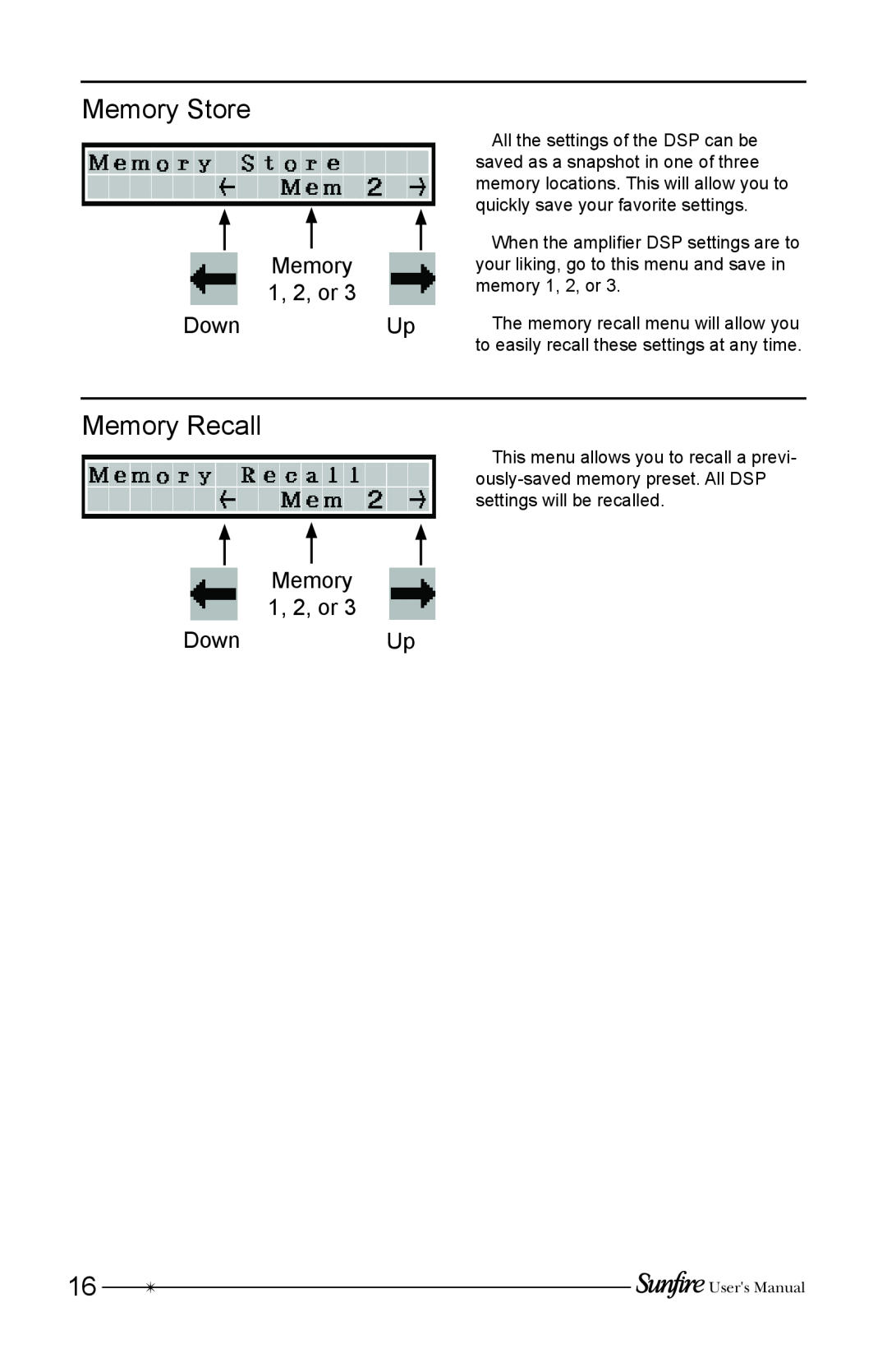 Sunfire HRSIW8 user manual Memory Store, Memory Recall, Memory 1, 2, or DownUp 