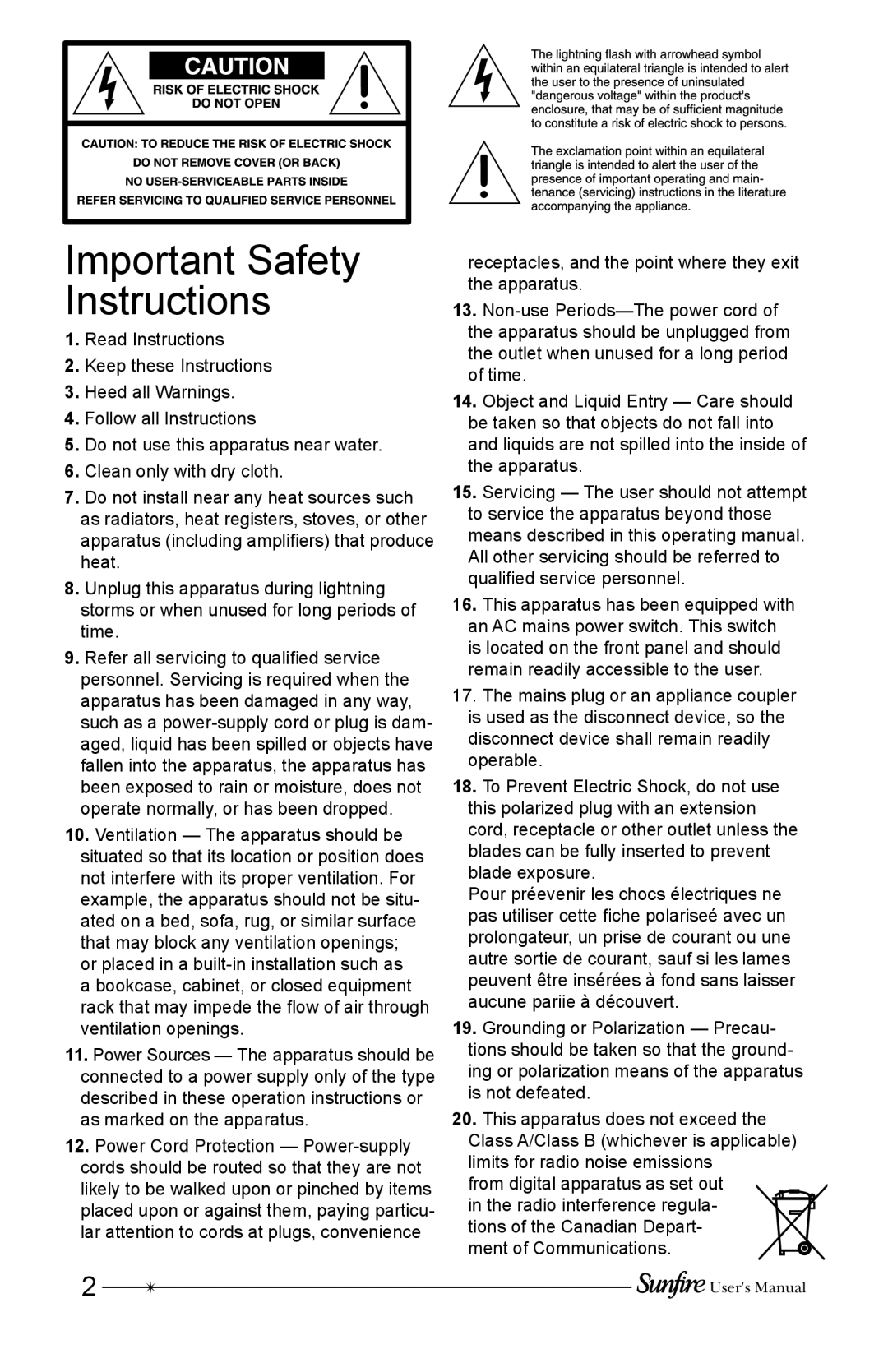Sunfire HRSIW8 user manual Important Safety Instructions 