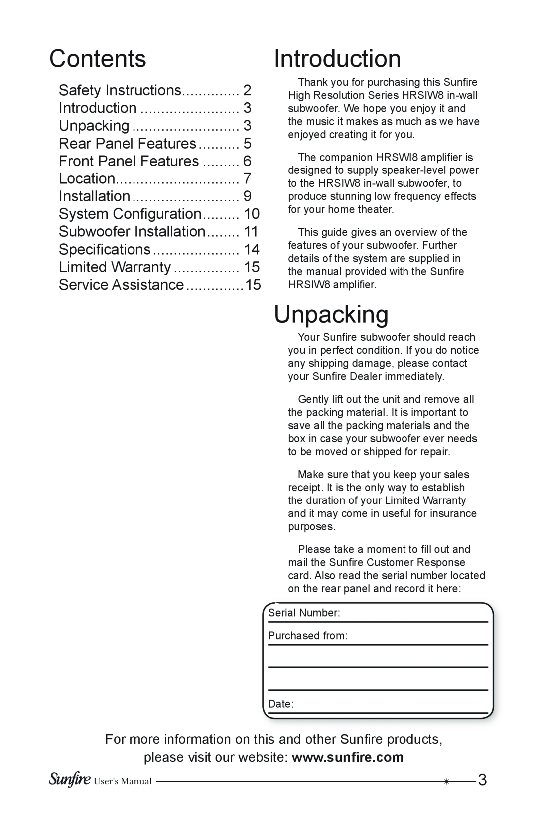 Sunfire HRSIW8 user manual Contents, Introduction, Unpacking 